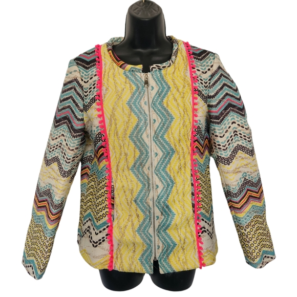 Molly Bracken Boho Aztec Print with Pom Poms Jacket Size Medium - Picture 3 of 16